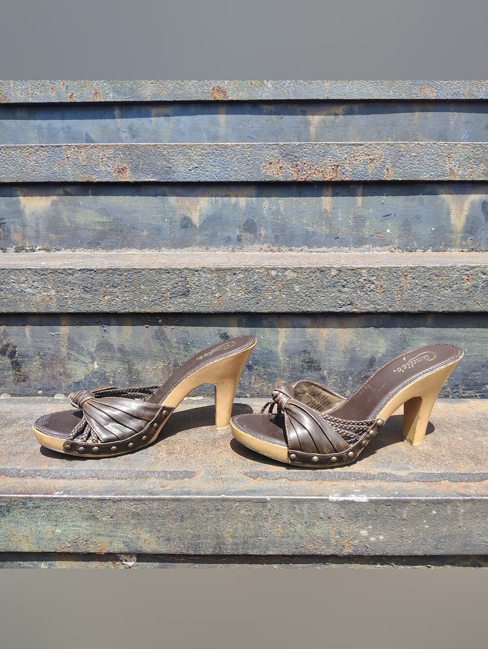 Y2K Vintage Candies Brown Faux Leather Strap Sandals Heels Wood Platform Sz 9.5
